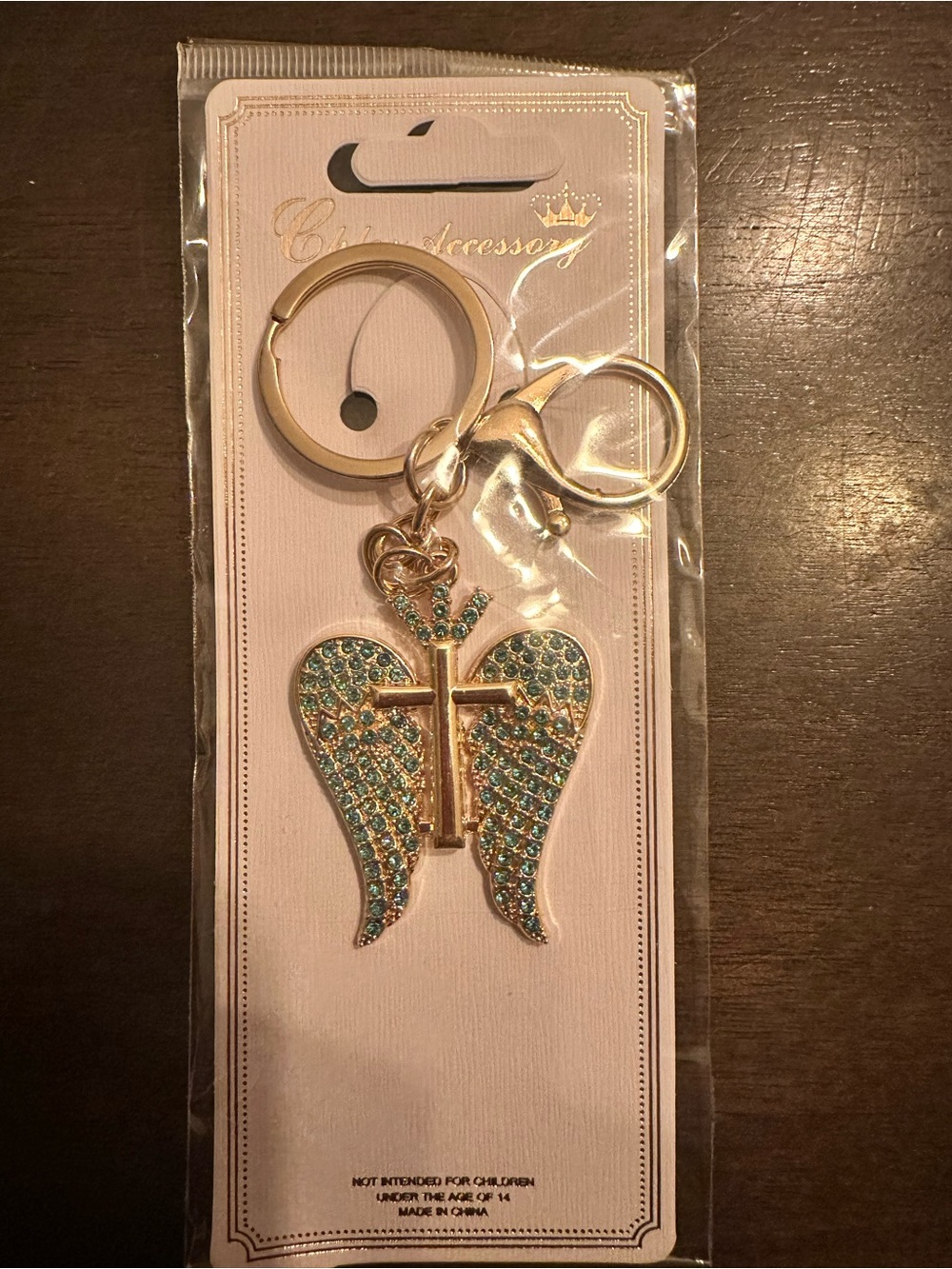 Chloe Gold-Tone Angel Wings Keychain with Aqua Crystals
